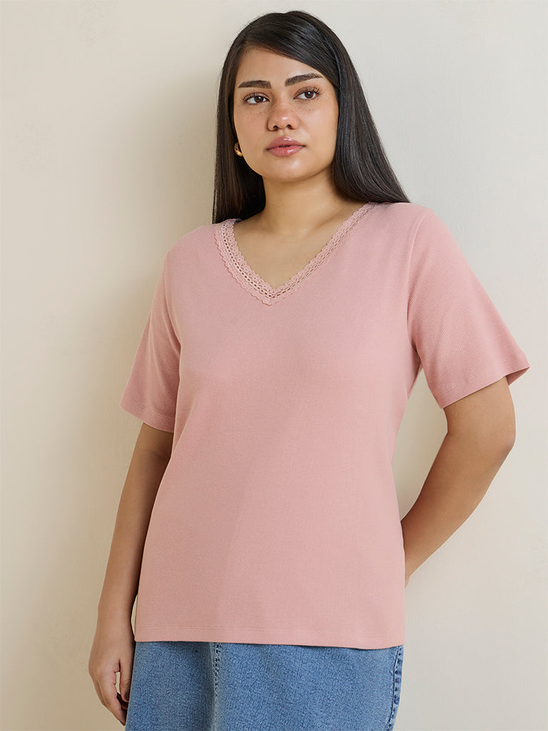 Gia Dusty Pink Knitted Cotton-Blend T-Shirt