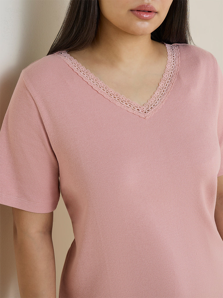 Gia Dusty Pink Knitted Cotton-Blend T-Shirt