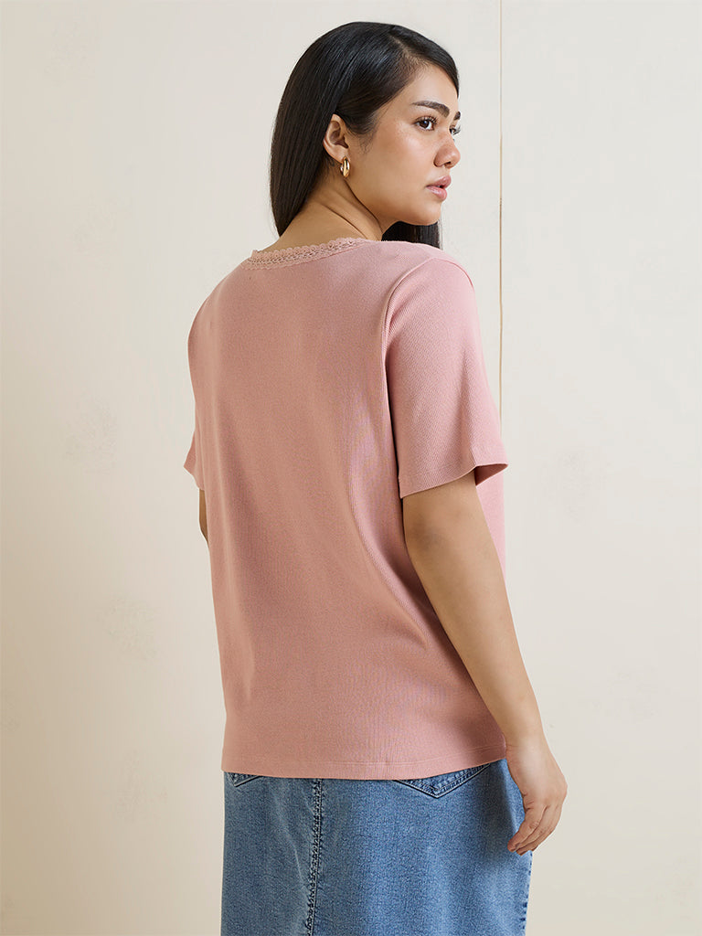 Gia Dusty Pink Knitted Cotton-Blend T-Shirt