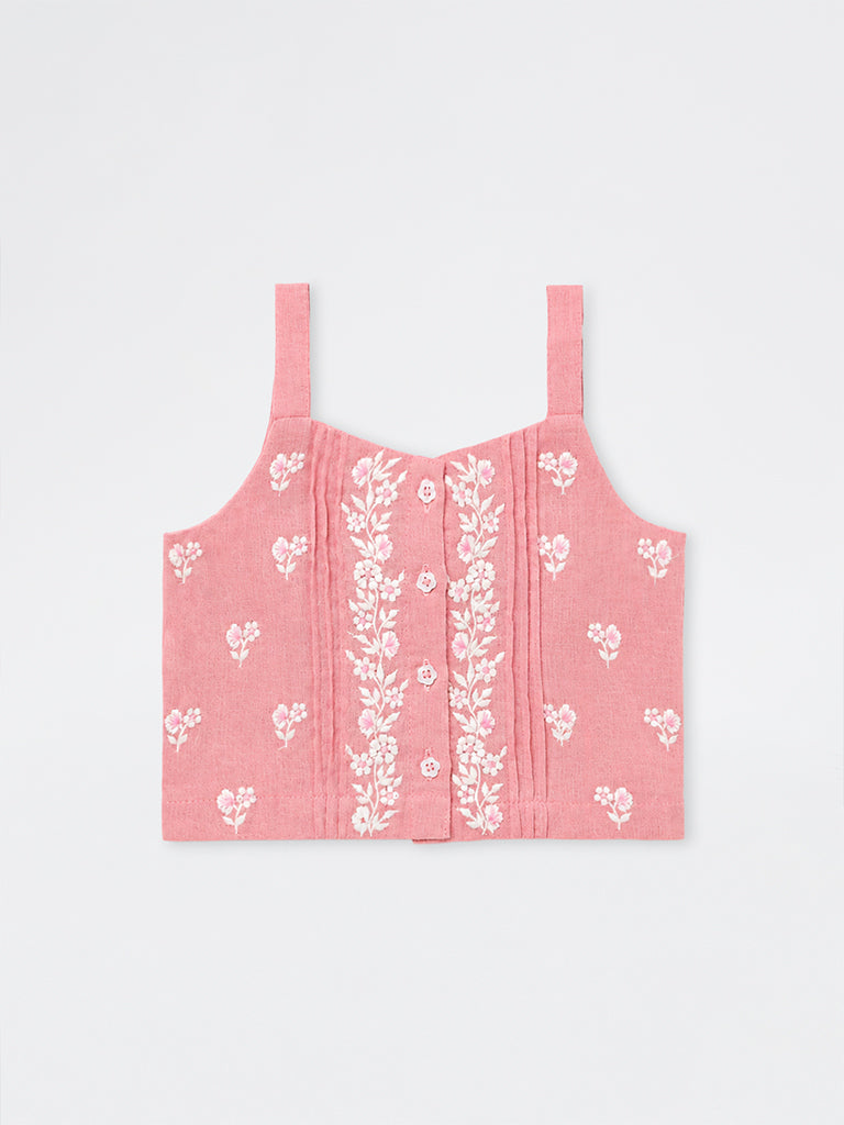 Utsa Kids Girls Peach Floral Embroidered Cotton-Blend Top - (2-8 yrs)