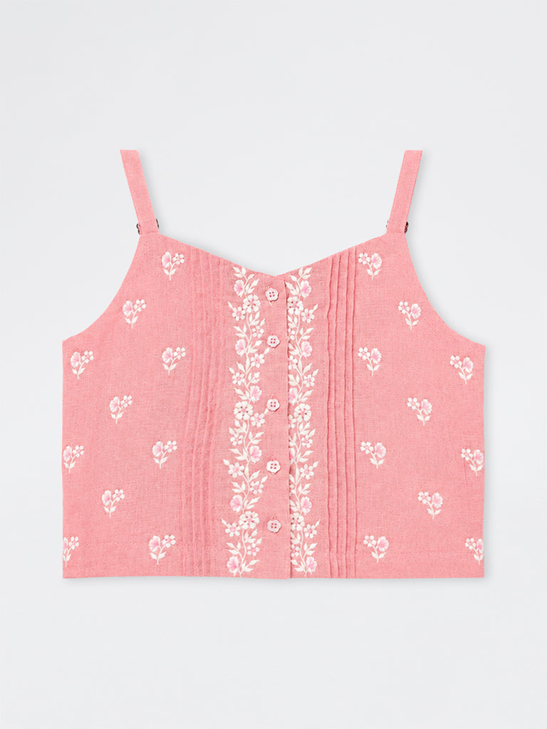 Utsa Kids Girls Pink Floral Embroidered Cotton-Blend Top (8 - 14 yrs)