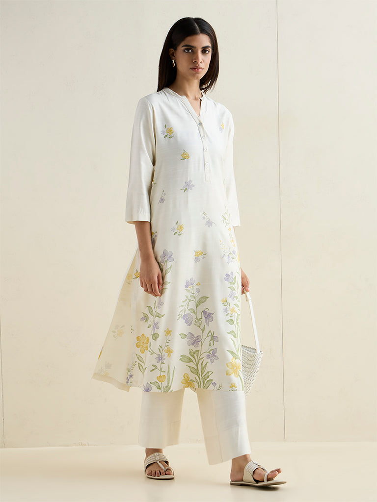 Zuba White Foliage Pattern Silk-Blend A-Line Kurta