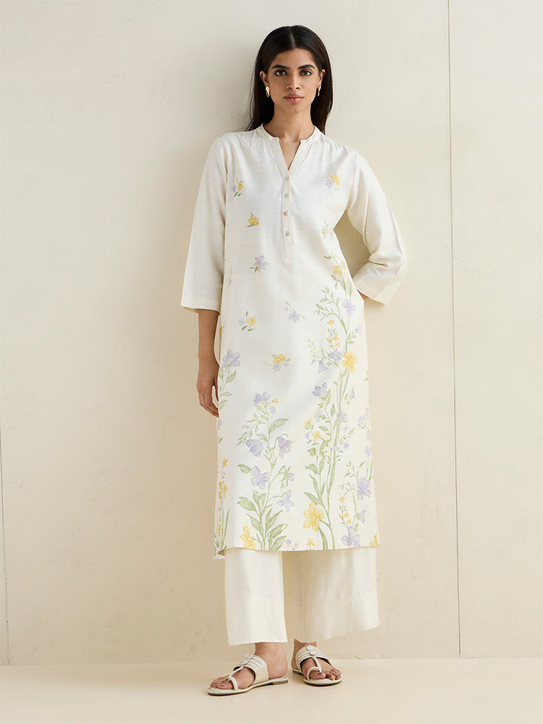 Zuba White Foliage Pattern Silk-Blend A-Line Kurta