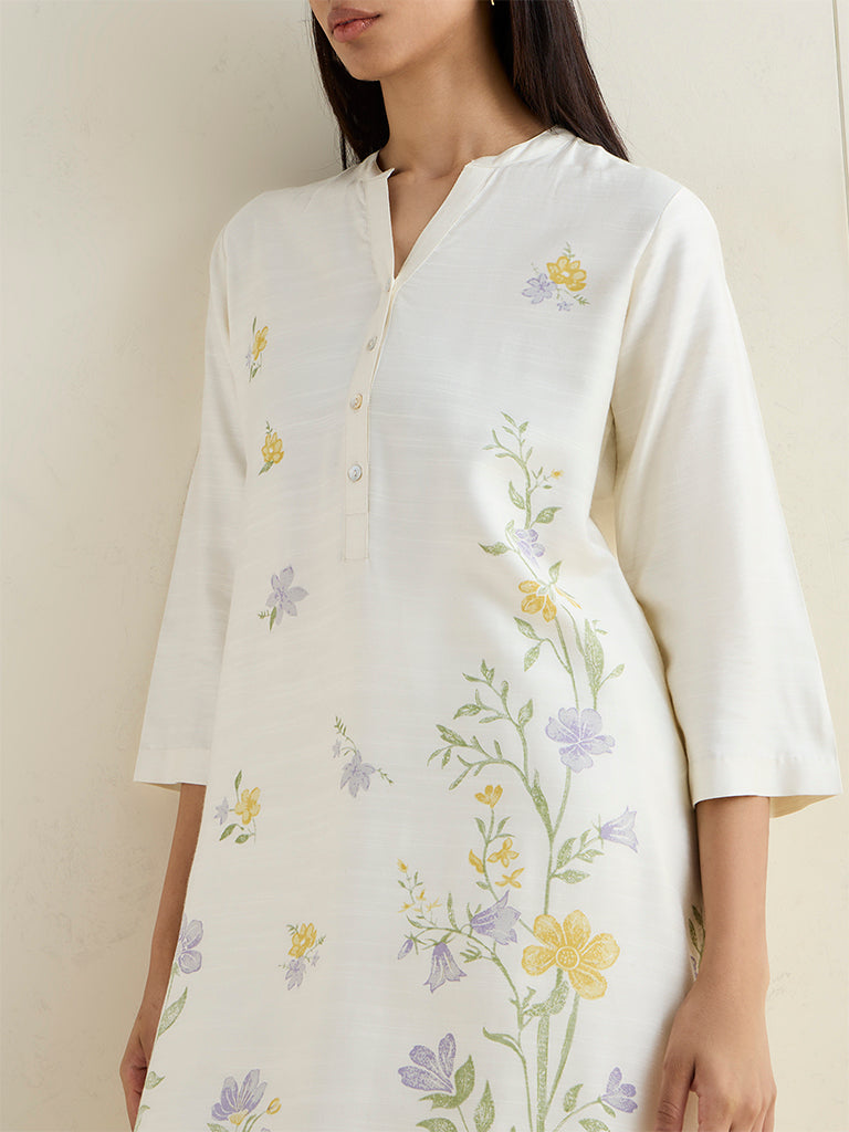 Zuba White Foliage Pattern Silk-Blend A-Line Kurta