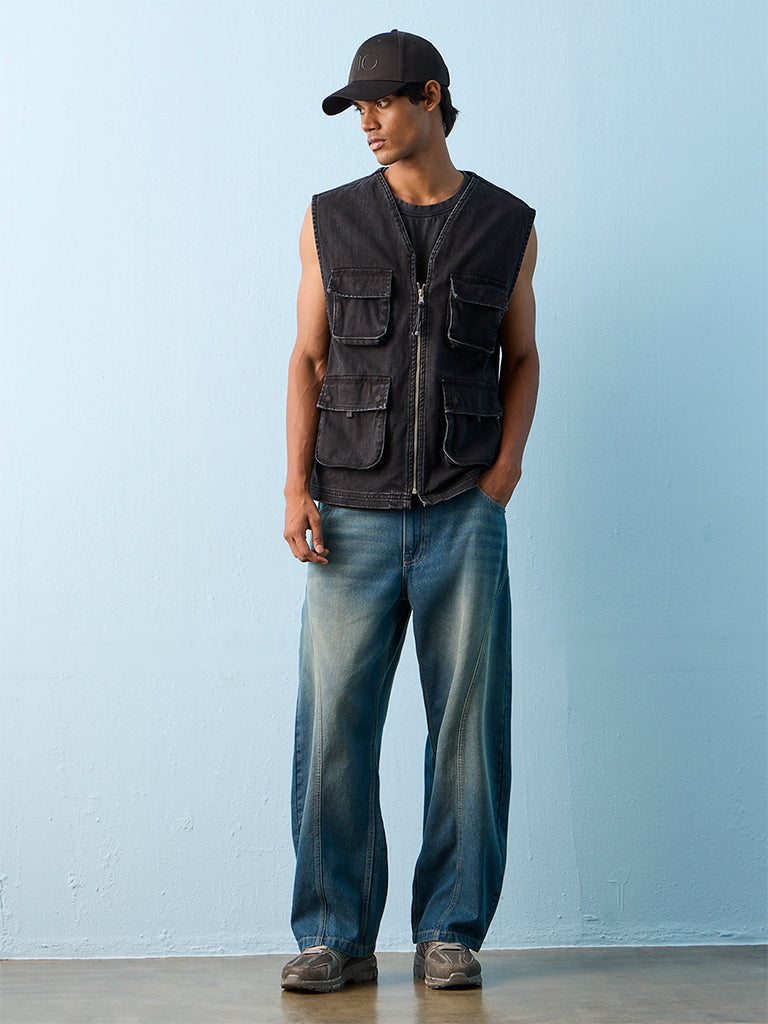 Nuon Dark Charcoal Multi-Pocket Relaxed-Fit Denim Jacket