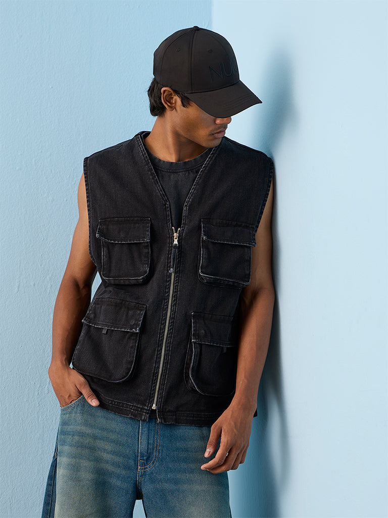 Nuon Dark Charcoal Multi-Pocket Relaxed-Fit Denim Jacket