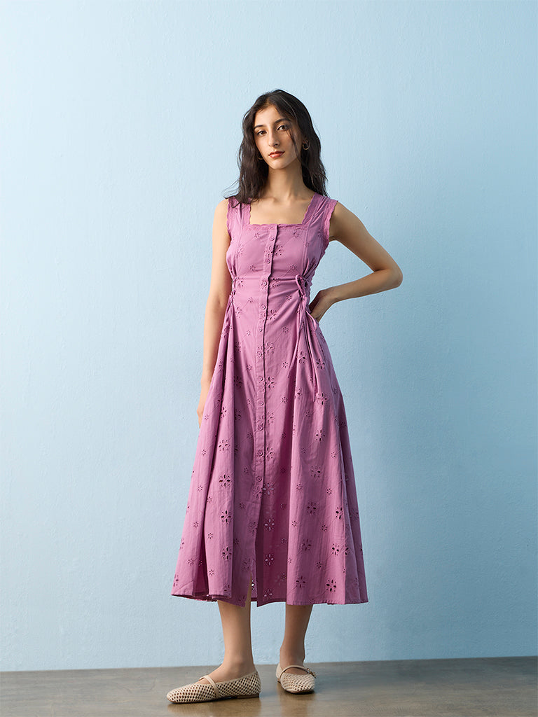 Bombay Paisley Lilac Schiffli Embroidered Cotton A-Line Dress
