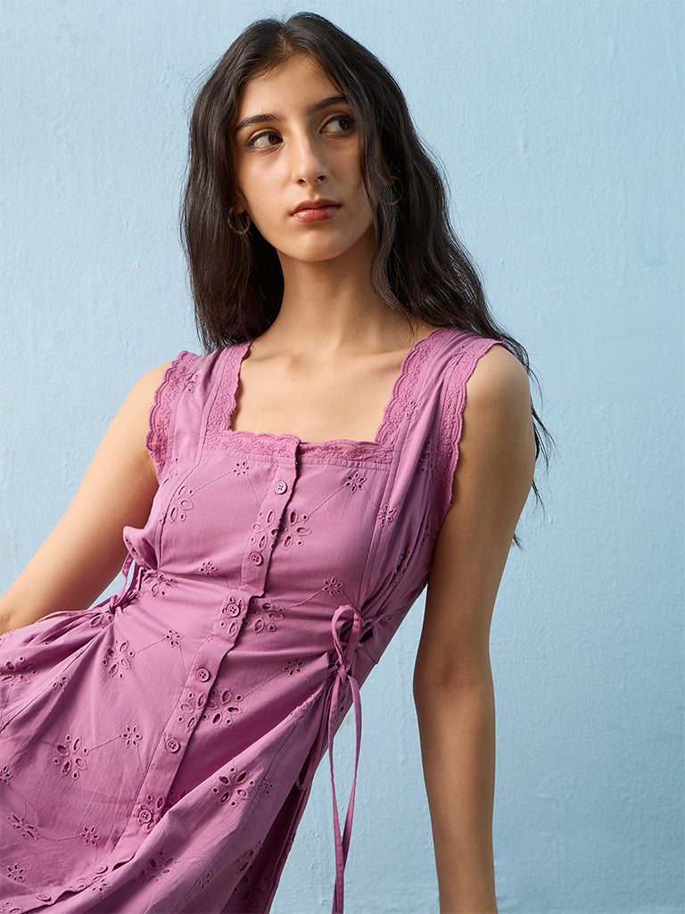 Bombay Paisley Lilac Schiffli Embroidered Cotton A-Line Dress