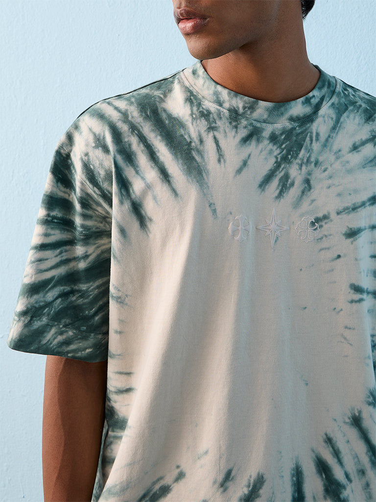 Nuon Green Tie-Dye Printed Relaxed-Fit Cotton T-Shirt