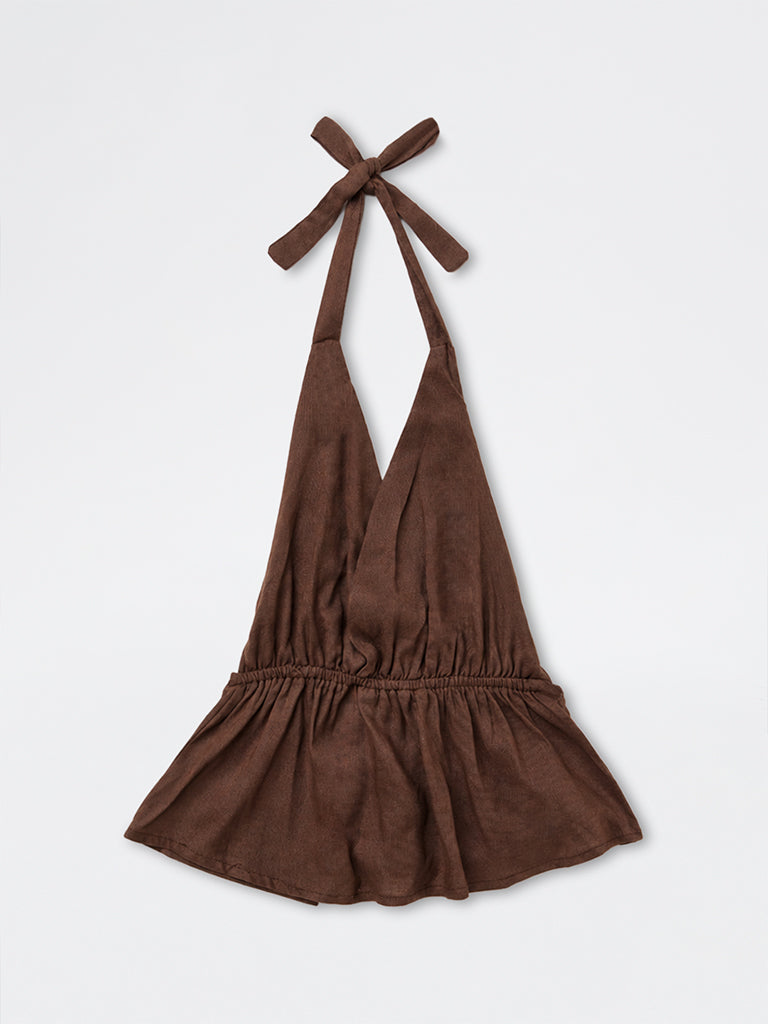 Girls Brown Solid Halter-Neck Top