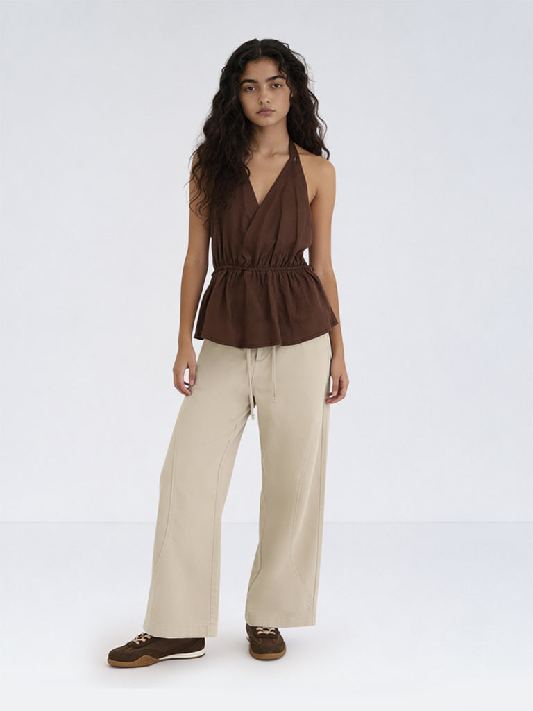 Girls Brown Solid Halter-Neck Top
