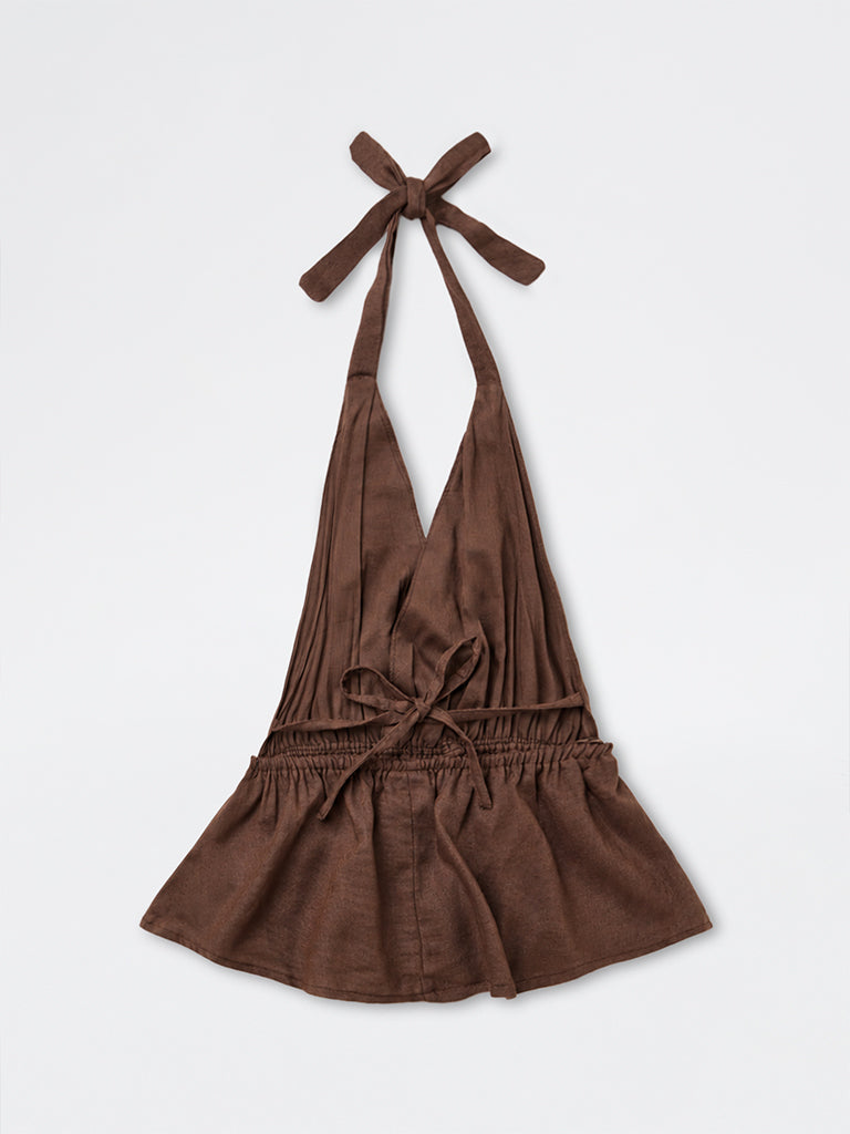 Girls Brown Solid Halter-Neck Top