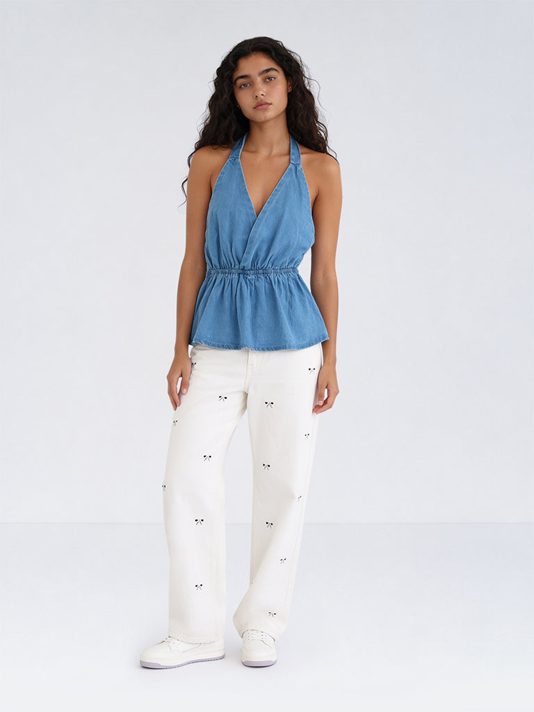 Girls Blue Denim Halter-Neck Top