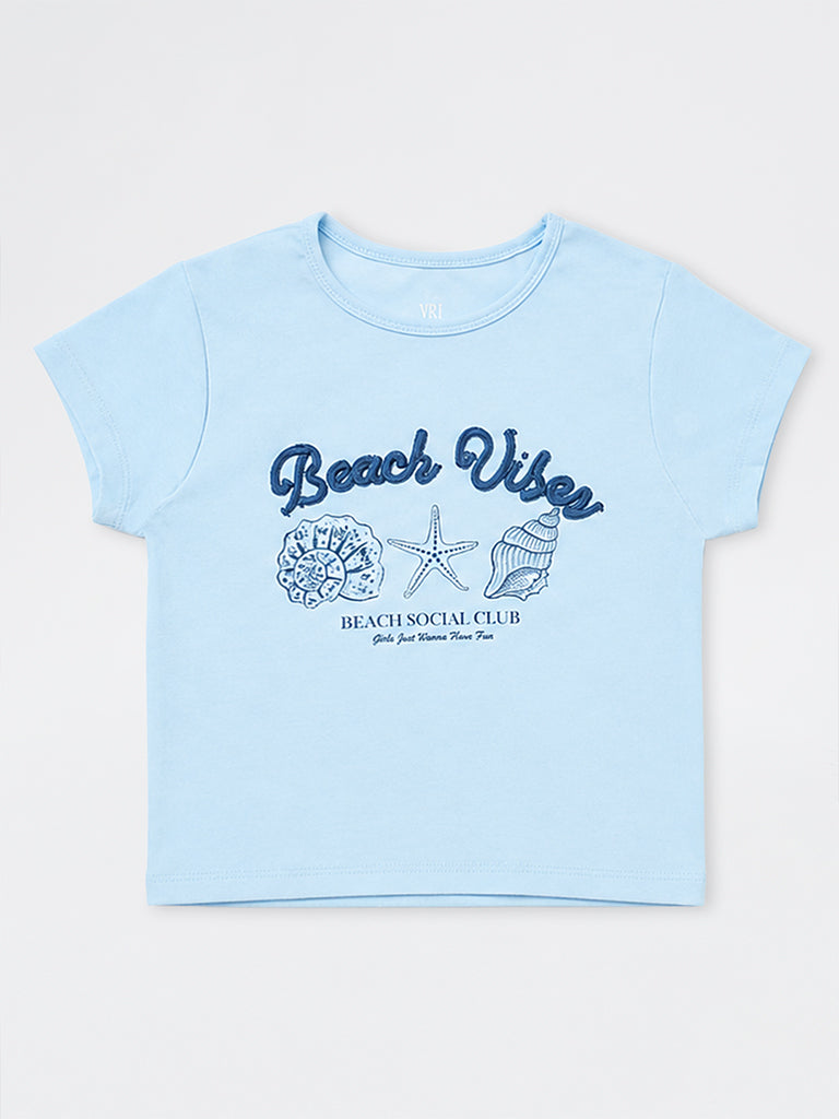 Girls Blue Beach-Inspired Cotton-Blend T-Shirt