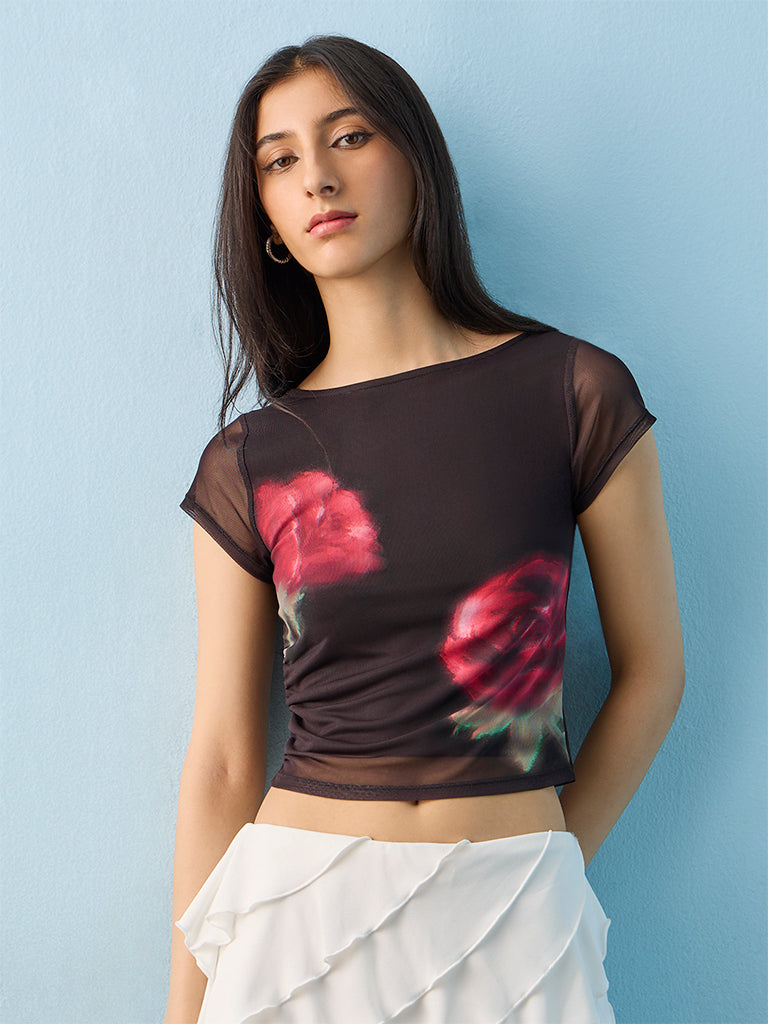 Nuon Black Floral Printed Mesh Top