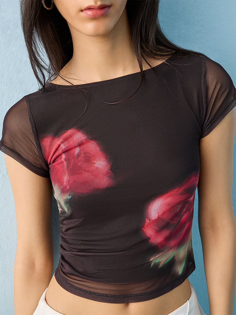 Nuon Black Floral Printed Mesh Top