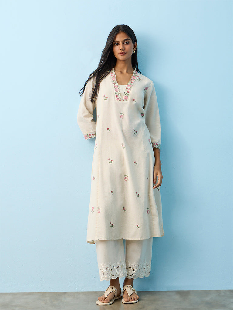Utsa Off-White Floral Embroidered Cotton-Blend A-Line Kurta