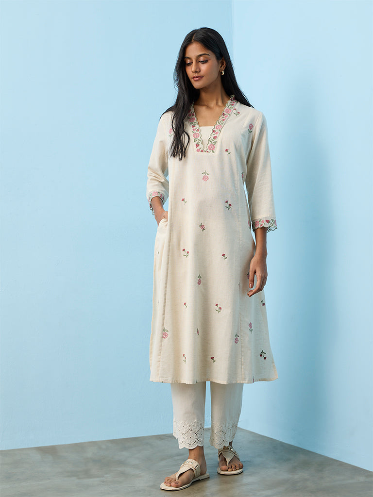 Utsa Off-White Floral Embroidered Cotton-Blend A-Line Kurta