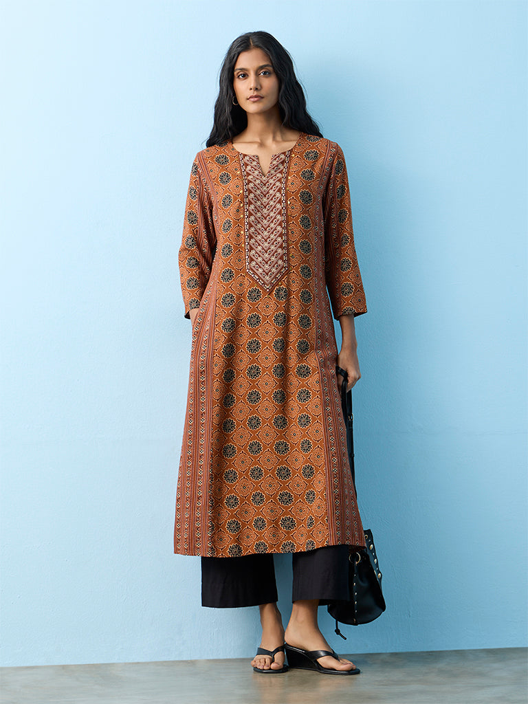 Utsa Rust Printed A-Line Kurta