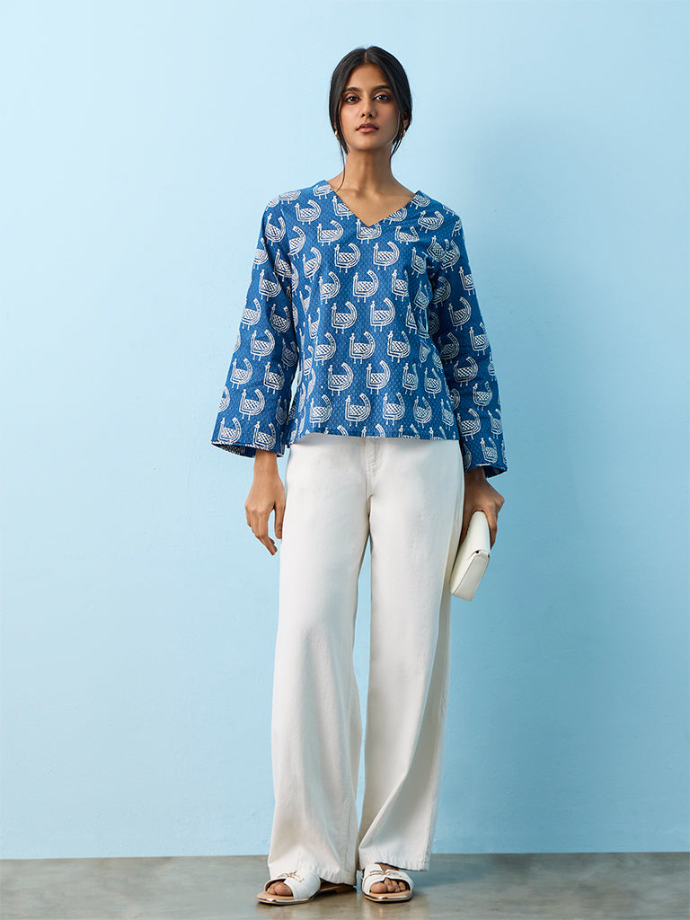 Utsa  Blue Printed Cotton Tunic