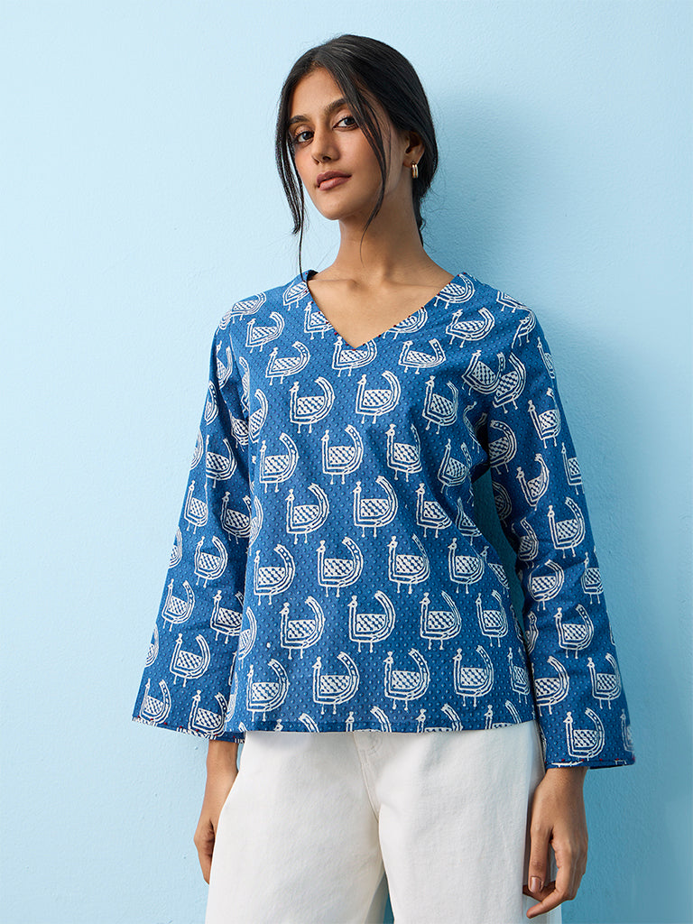Utsa  Blue Printed Cotton Tunic
