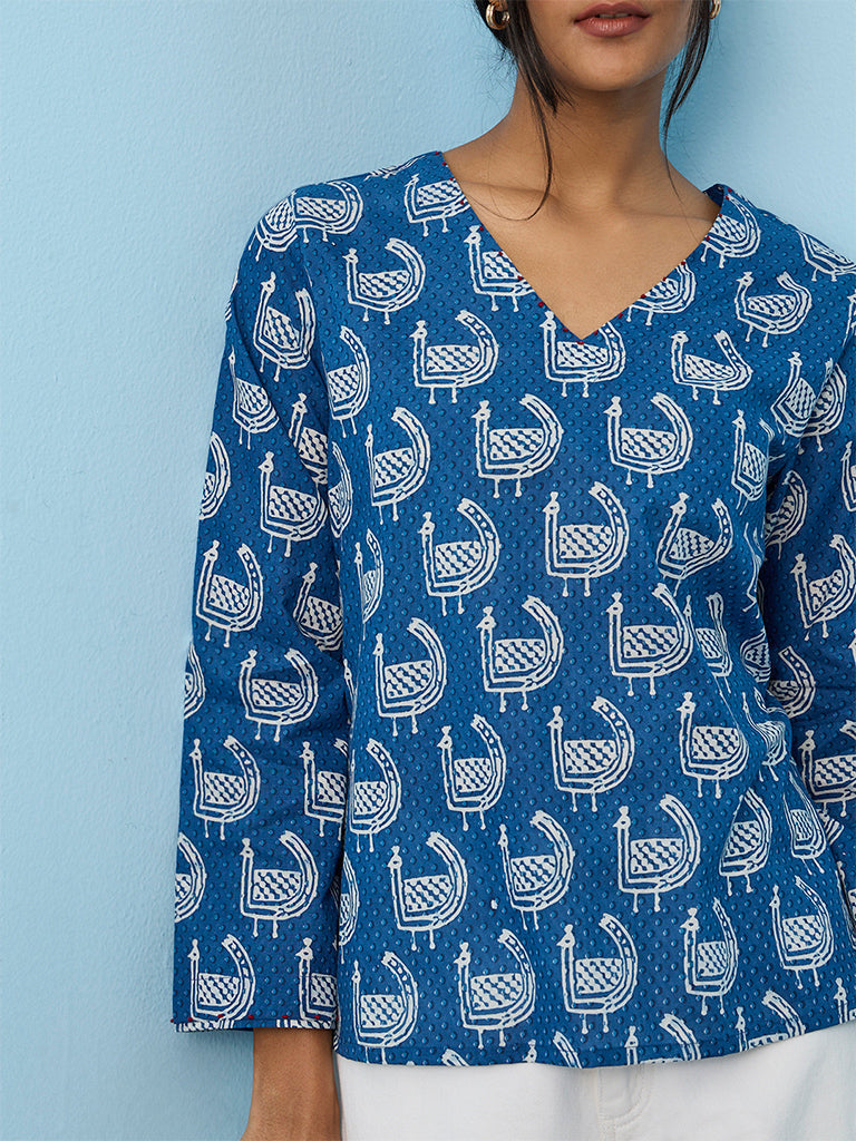 Utsa  Blue Printed Cotton Tunic
