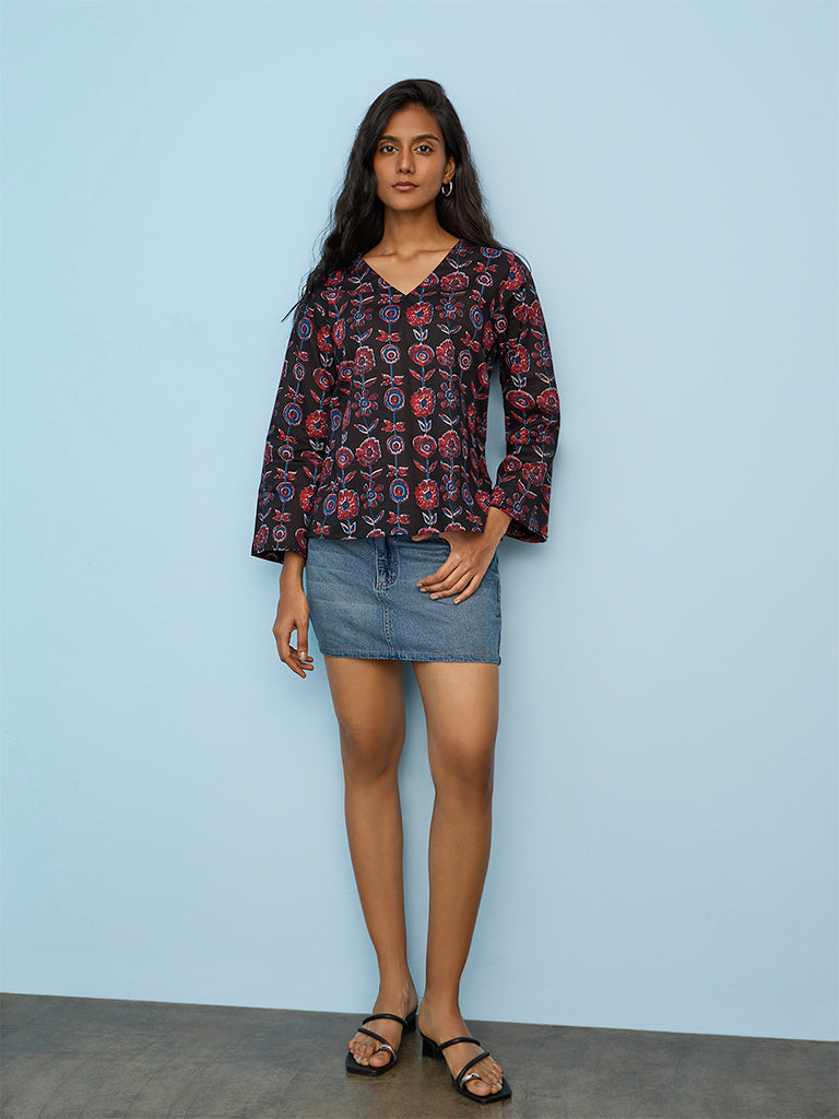 Utsa Black Floral Printed Cotton Tunic
