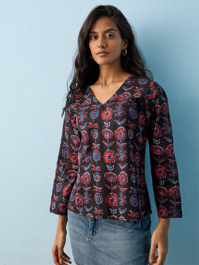 Utsa Black Floral Printed Cotton Tunic