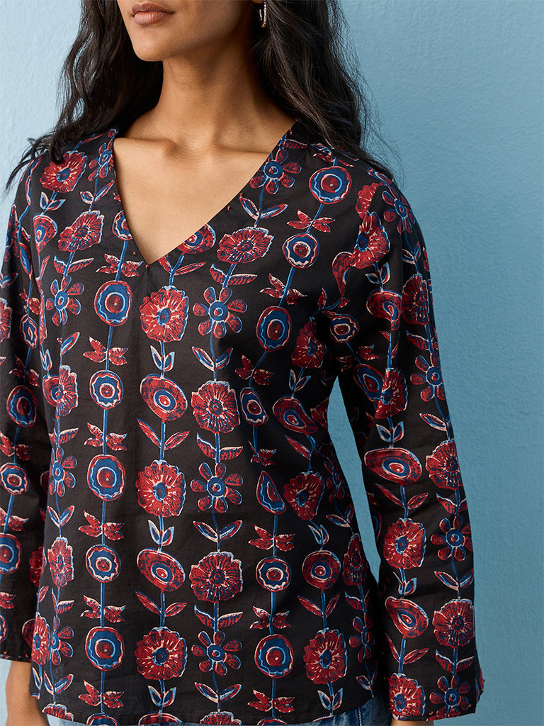 Utsa Black Floral Printed Cotton Tunic