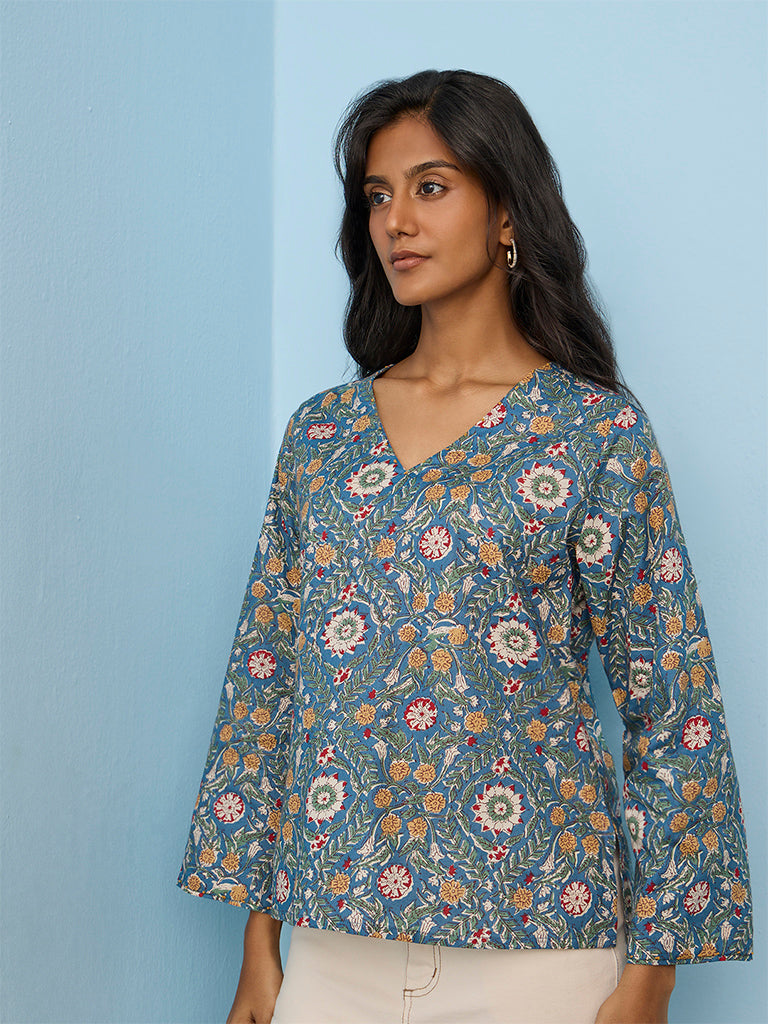 Utsa Blue Floral Printed Cotton Tunic
