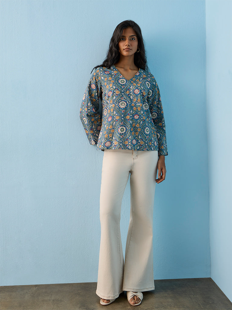 Utsa Blue Floral Printed Cotton Tunic