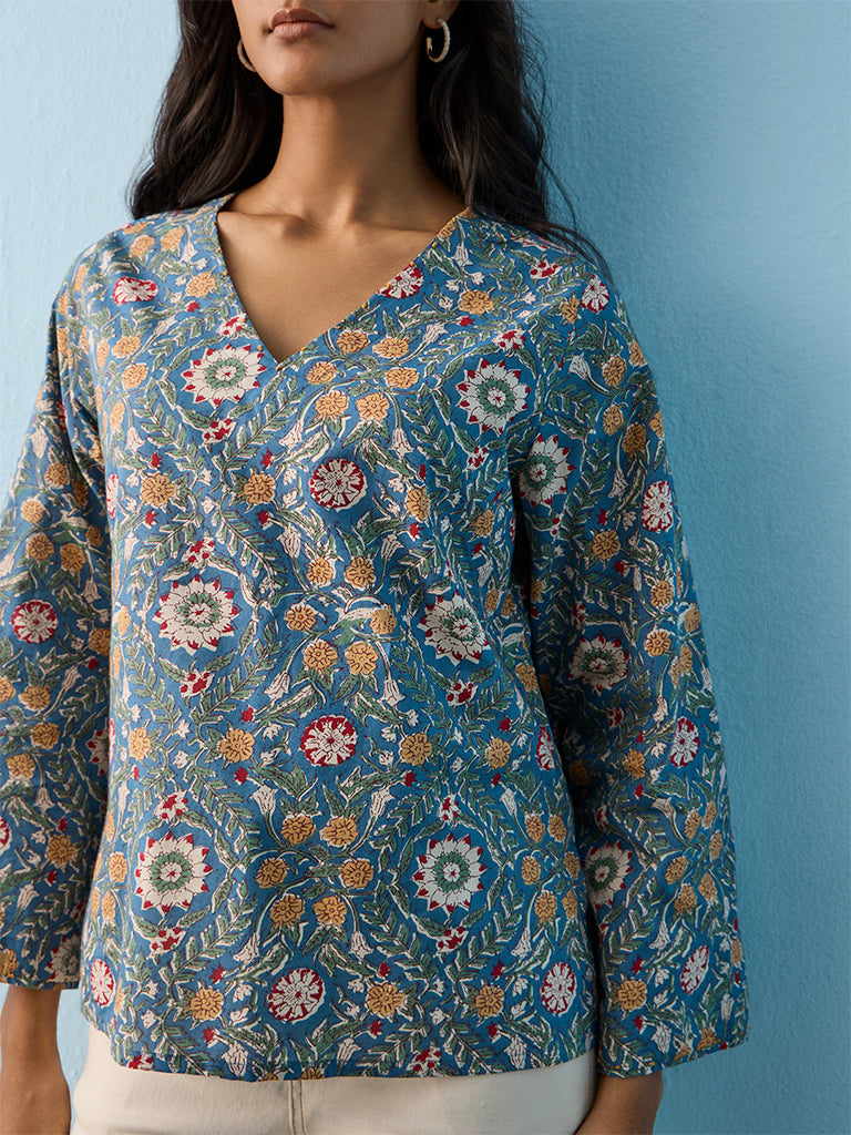Utsa Blue Floral Printed Cotton Tunic