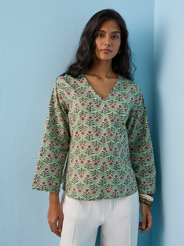 Utsa Sage Green Floral Printed Cotton Tunic