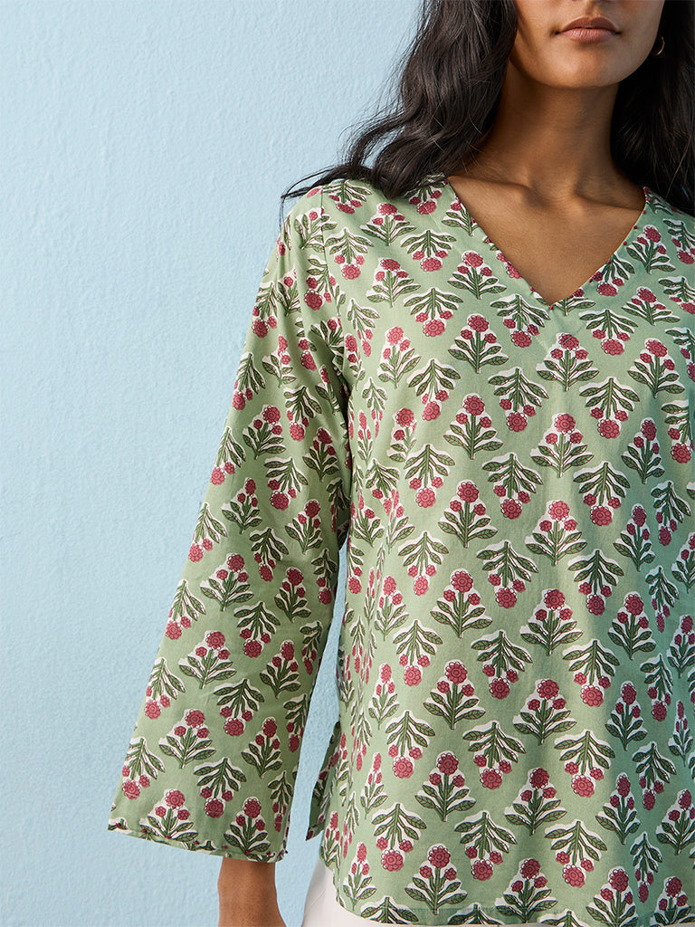 Utsa Sage Green Floral Printed Cotton Tunic