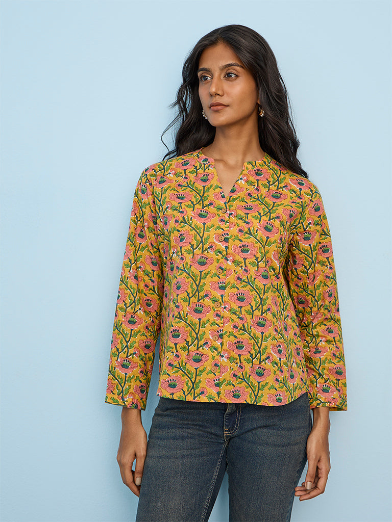 Utsa Yellow Floral Pattern Cotton Tunic