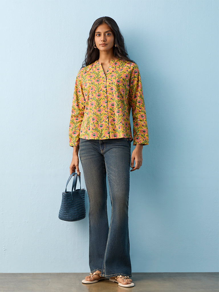 Utsa Yellow Floral Pattern Cotton Tunic