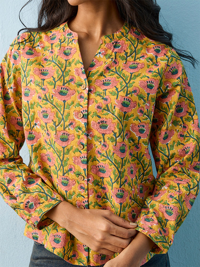 Utsa Yellow Floral Pattern Cotton Tunic