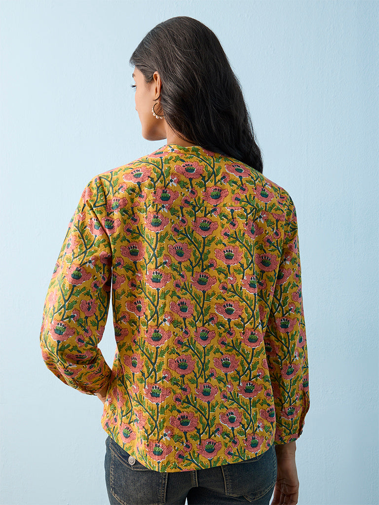 Utsa Yellow Floral Pattern Cotton Tunic