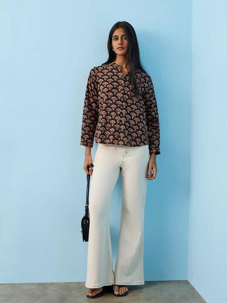 Utsa Black Floral Printed Cotton Tunic