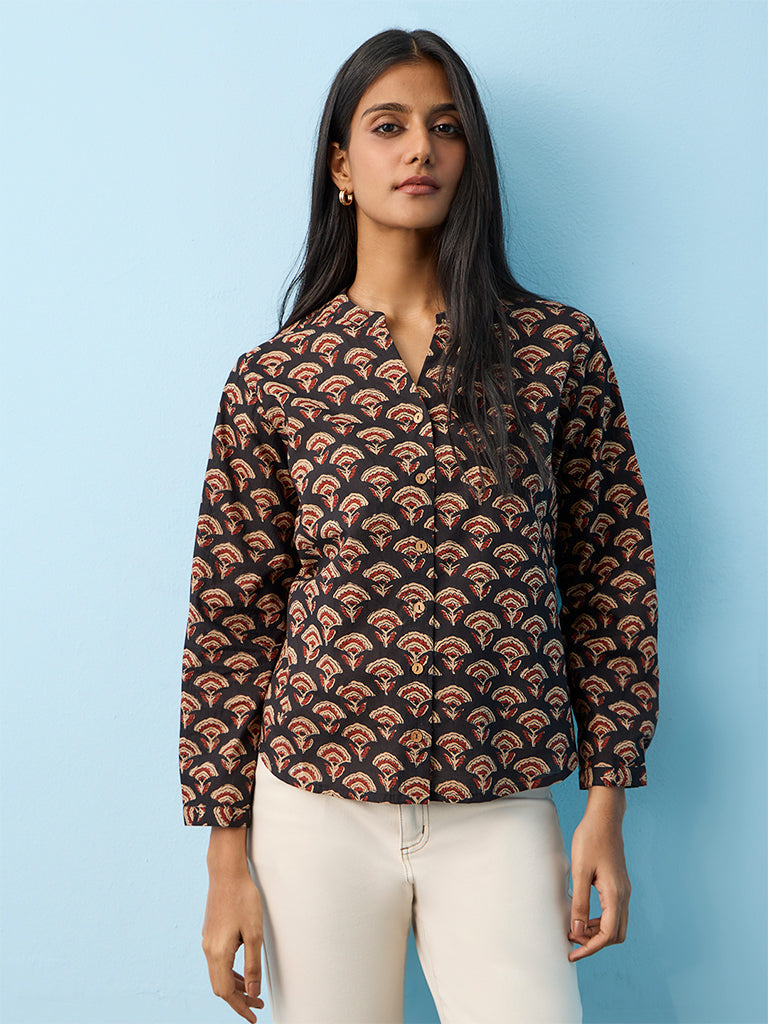 Utsa Black Floral Printed Cotton Tunic
