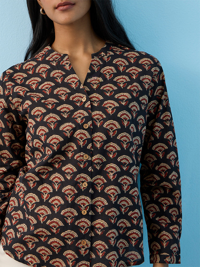 Utsa Black Floral Printed Cotton Tunic
