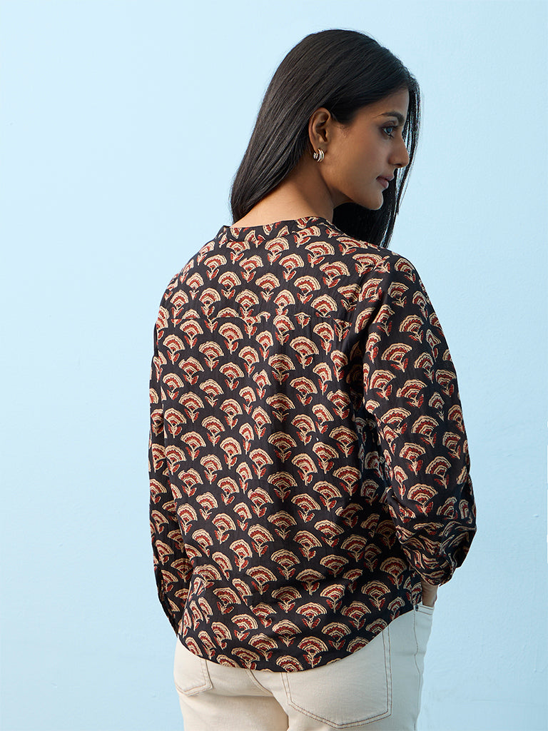 Utsa Black Floral Printed Cotton Tunic