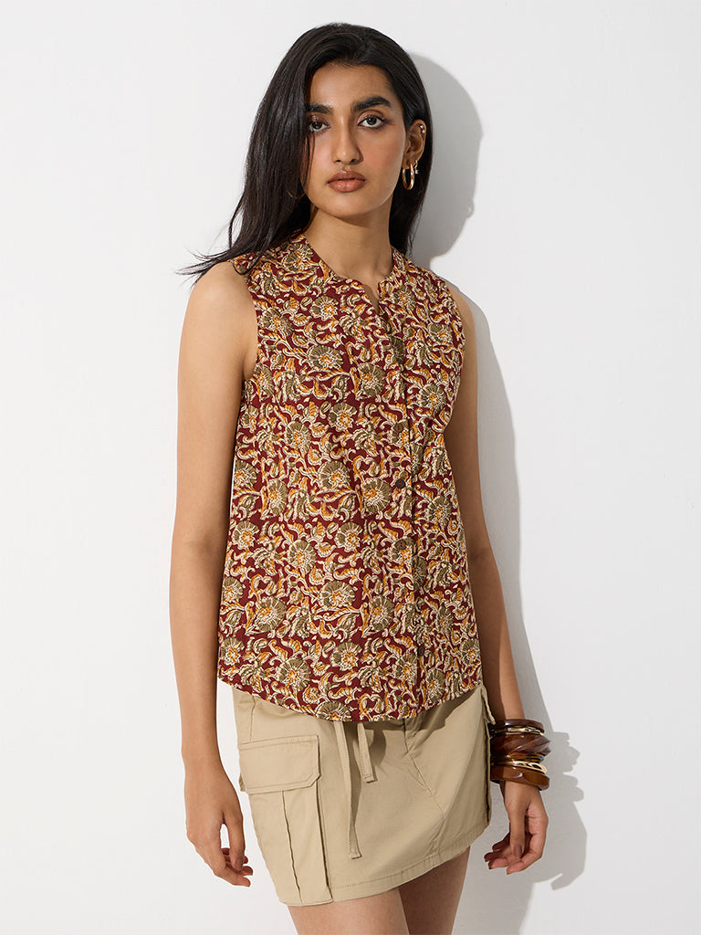 Utsa Red Floral Printed Cotton Top