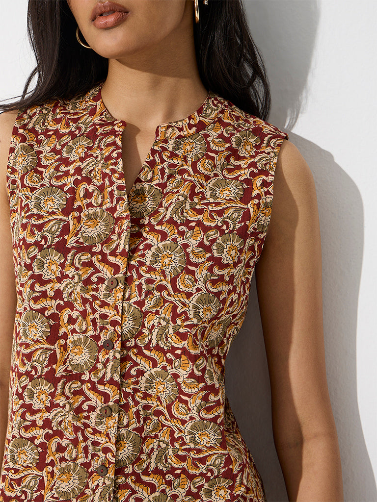 Utsa Red Floral Printed Cotton Top