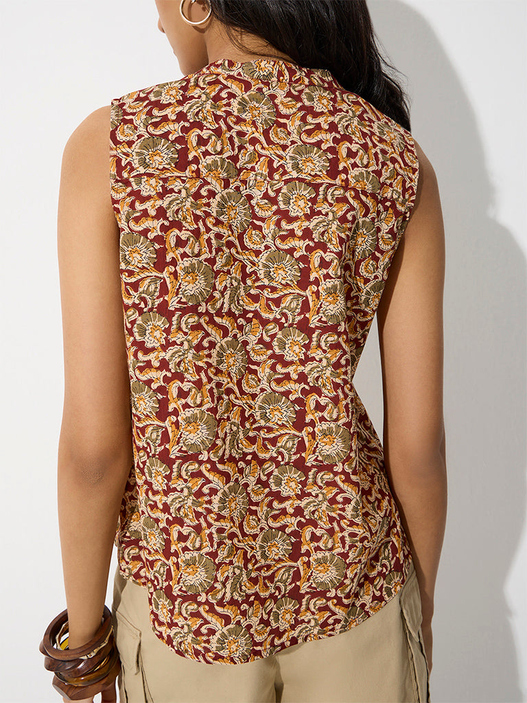 Utsa Red Floral Printed Cotton Top
