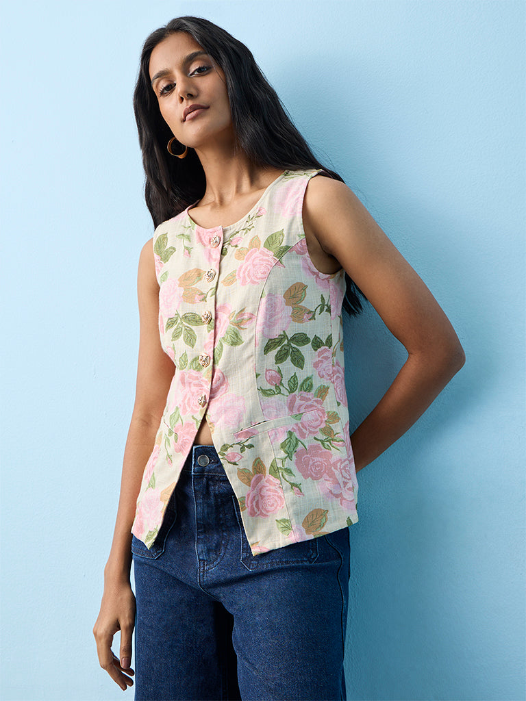 LOV Light Pink Floral Printed Linen-Blend Waistcoat