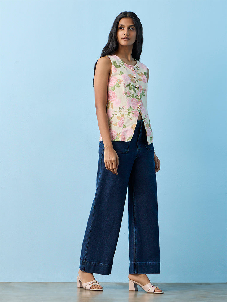 LOV Light Pink Floral Printed Linen-Blend Waistcoat