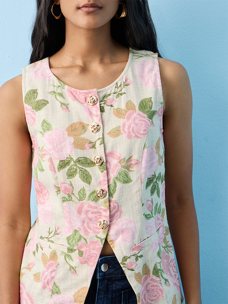 LOV Light Pink Floral Printed Linen-Blend Waistcoat