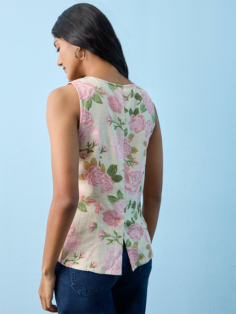 LOV Light Pink Floral Printed Linen-Blend Waistcoat