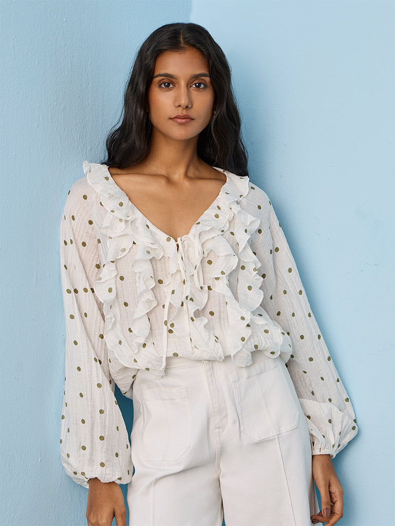 LOV White Polka-Dot Printed Ruffled Blouse